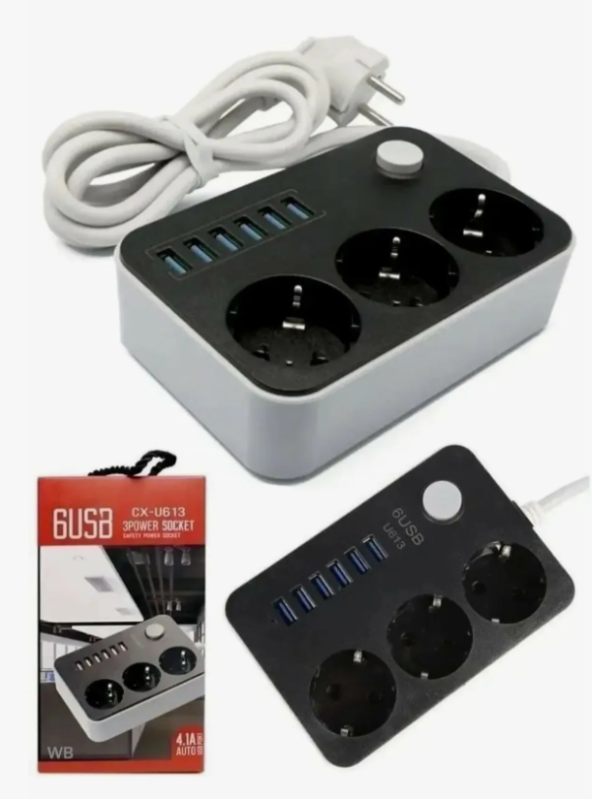 Сетевой фильтр CX-U613, 1,8 м, 3 гнезда+6 USB гнезда Сетевой фильтр CX-U613, 1,8 м, 3 гнезда+6 USB гнезда