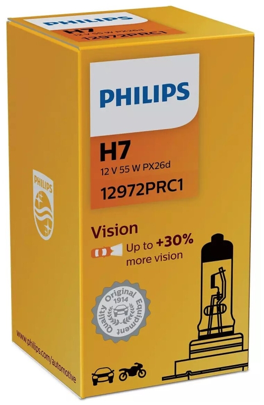 Лампа автомобильная галогенная Philips Vision +30% 12972PRC1 H7 12V 55W PX26d 1