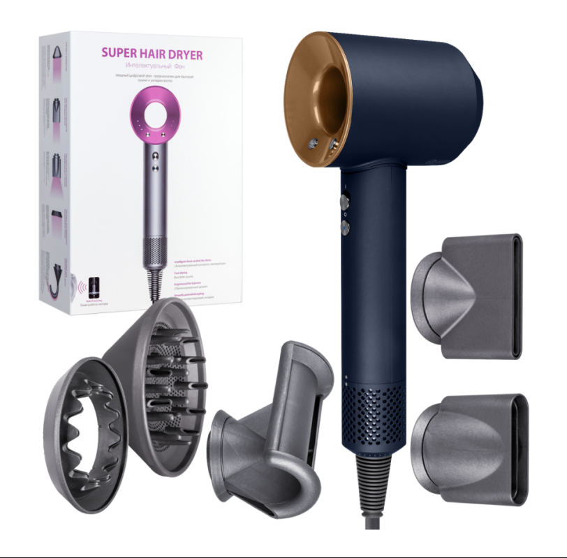 Набор фен SUPER HAIR DRYER Синий с золотом (6 в 1) 3м Набор фен SUPER HAIR DRYER Синий с золотом (6 в 1) 3м