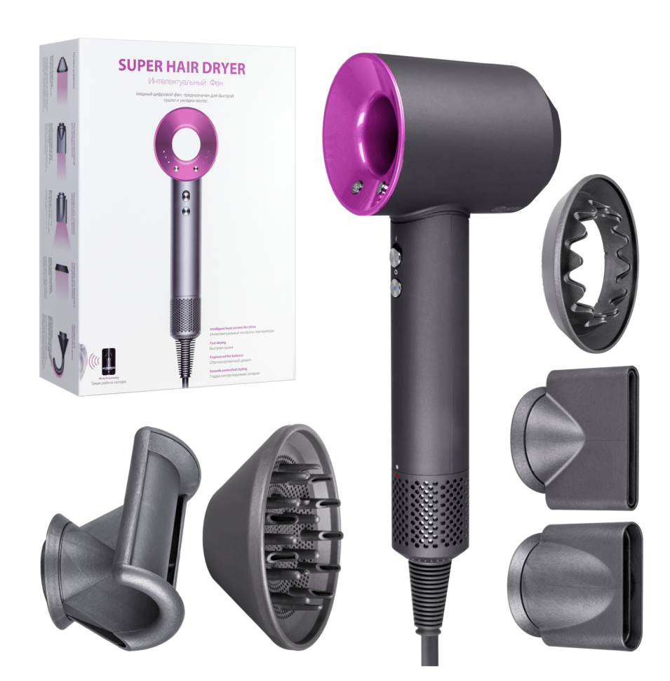 Набор фен SUPER HAIR DRYER Серый с розовым (6 в 1) 3M